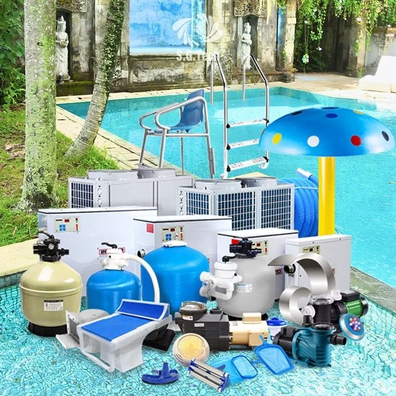 A bunch of swimming pool equipment is sitting next to a swimming pool