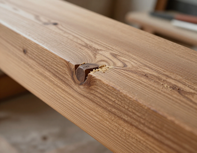 Superficie di una trave in legno con segni sottili di possibile presenza di tarli.