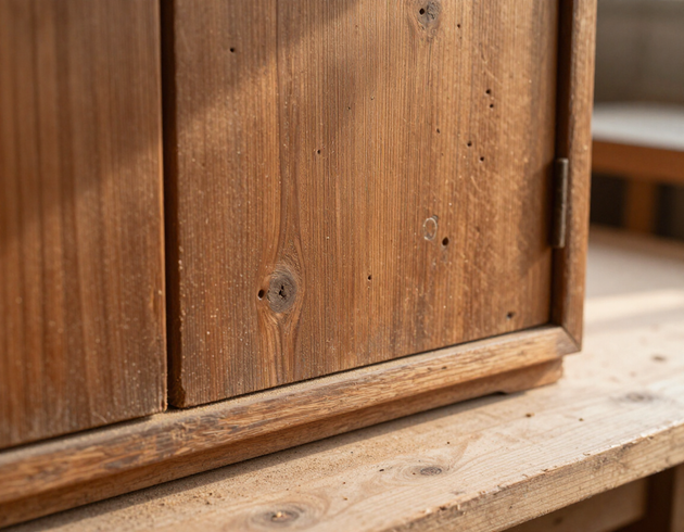 Primo piano di un mobile in legno con piccoli fori di tarlo e segatura fine sulla superficie.