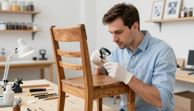 Tecnico specializzato che controlla un mobile in legno durante la fase di valutazione.