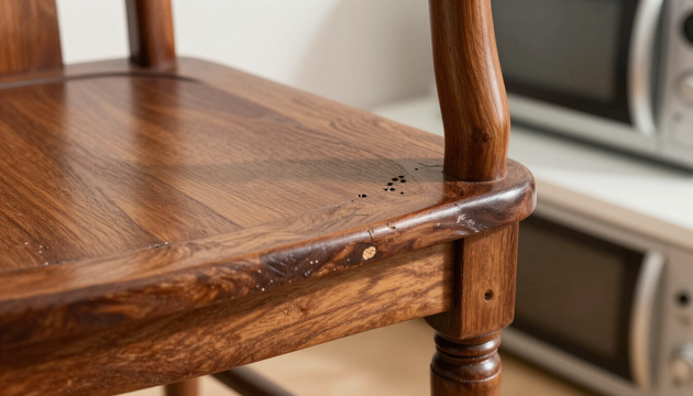 Sedia antica in legno controllata per individuare segni di tarlo prima del trattamento.