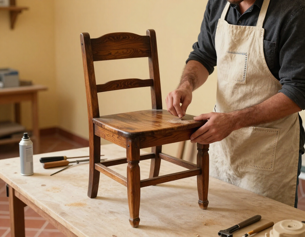 Una sedia antica in legno viene restaurata su un banco di lavoro da un artigiano specializzato nel recupero dei mobili antichi.