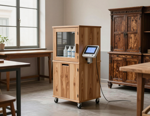 Attrezzatura professionale per il trattamento del legno in un laboratorio di restauro pulito e ordinato.