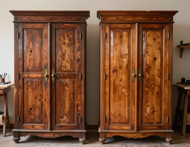 Armadio antico prima e dopo il restauro, con legno ripulito e superficie restaurata.
