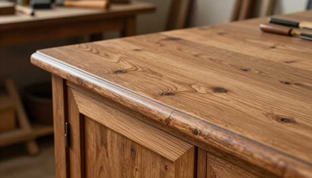 Dettaglio ravvicinato di un mobile antico in legno trattato con microonde durante un restauro professionale.
