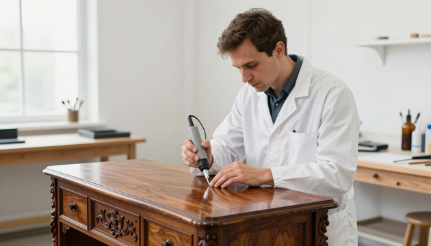 Tecnico specializzato durante un trattamento antitarlo a microonde su un mobile antico in legno in un laboratorio di restauro luminoso.