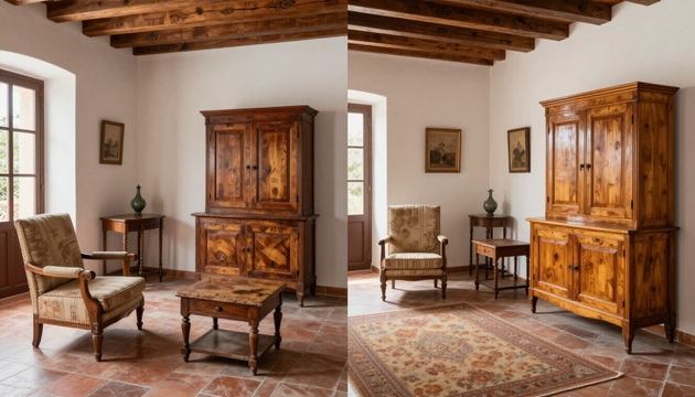 Mobili antichi restaurati in un ambiente elegante e luminoso.