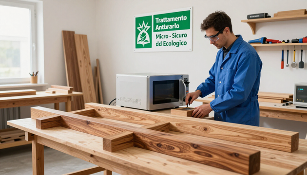 Tecnico specializzato che tratta il legno con tecnologia a microonde in un laboratorio artigianale.