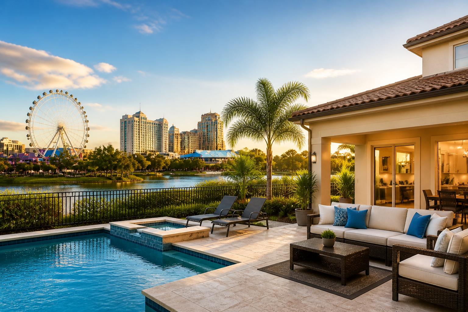 Luxurious vacation rental patio with pool, modern furniture, scenic city skyline, and tranquil lake 