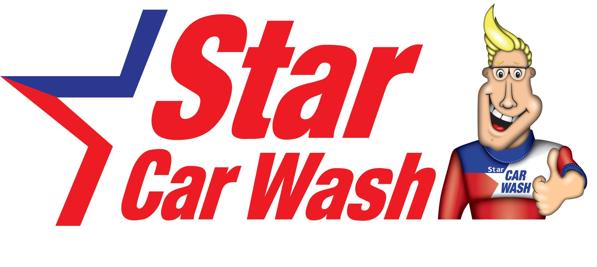 Logo for Star Car Wash; a cartoon man gives a thumbs up. Red and blue star graphic and text.