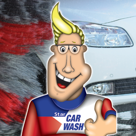 Cartoon man with blonde hair and glasses, giving a thumbs-up, in front of a car wash with a car.