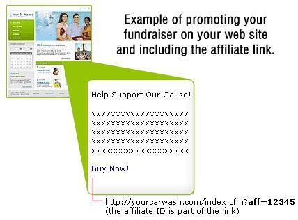 Website example promoting fundraiser with affiliate link to support a cause; green box with text and
