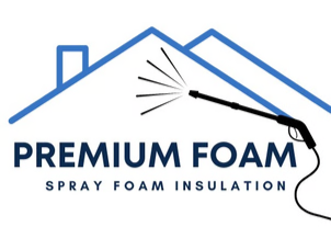 Logo: Blue house outline, spray gun spraying foam, "PREMIUM FOAM SPRAY FOAM INSULATION" text.