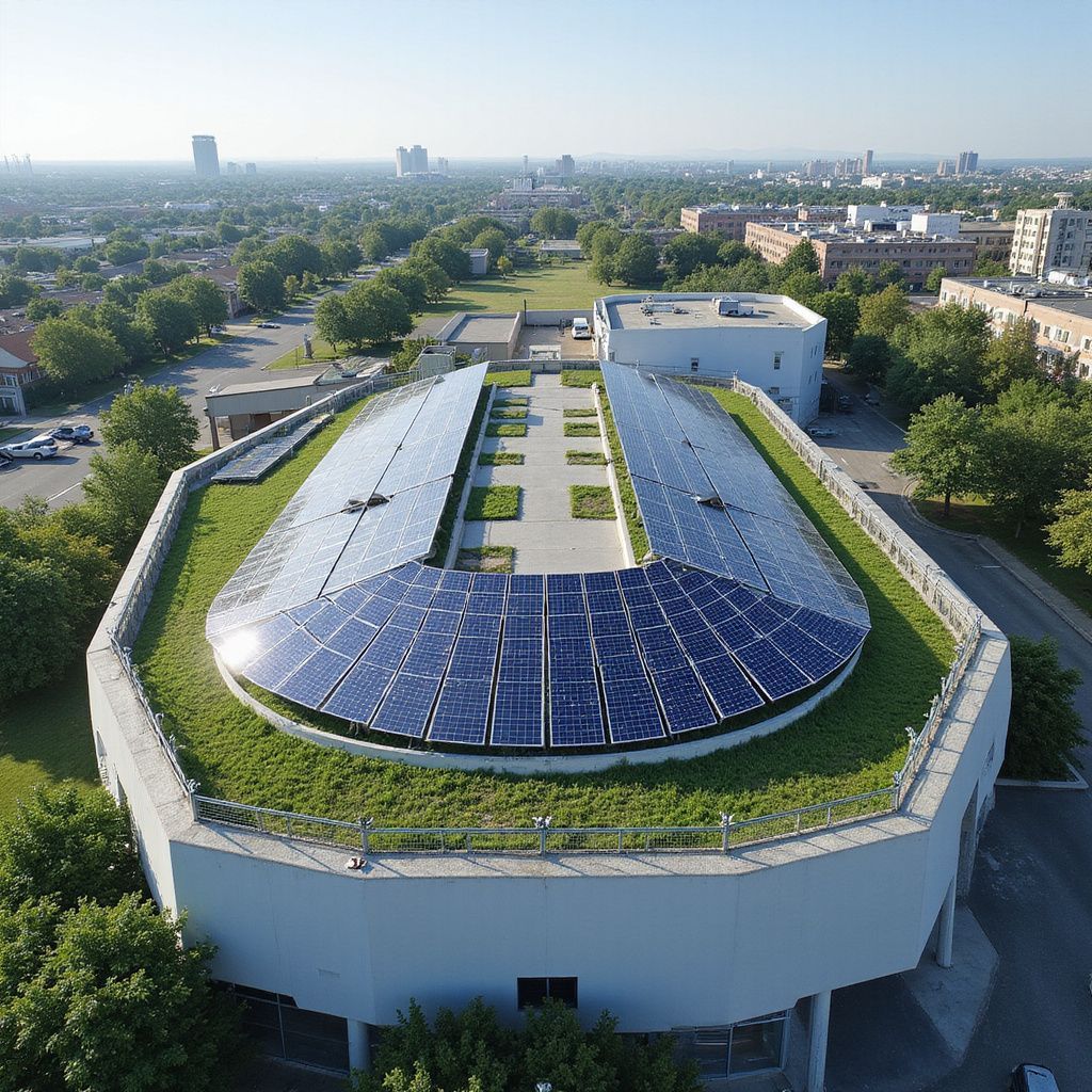Gebouw met een groen dak en zonnepanelen, in een stad.