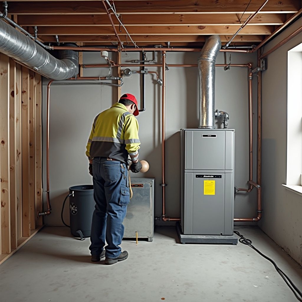 Een arbeider in een geel veiligheidsvest inspecteert een oven in een kelder met zichtbare koperen leidingen en kanalen.