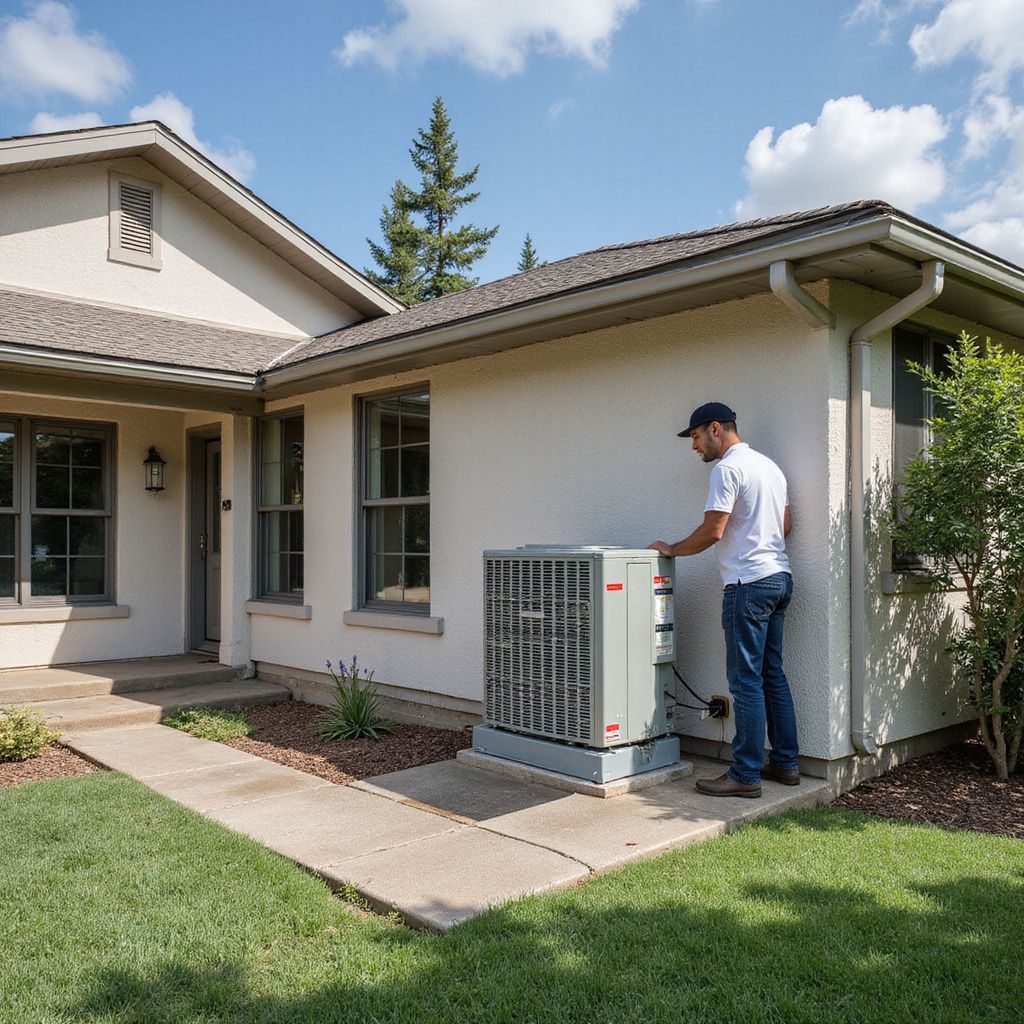 Man onderhoudt de airconditioning buiten een beige huis met een groen gazon. Zonnige dag.