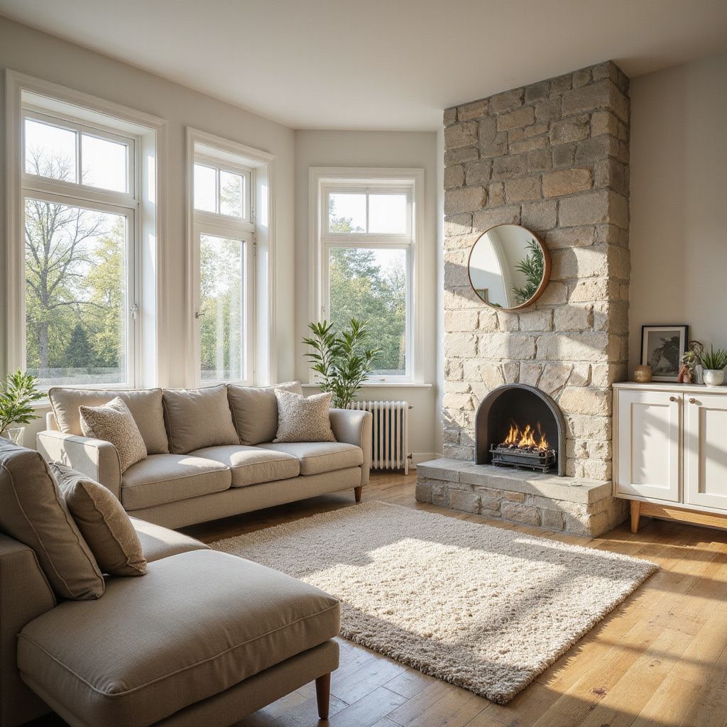 Gezellige woonkamer met open haard, beige bank en grote ramen. Het zonlicht stroomt naar binnen en verlicht de ruimte.