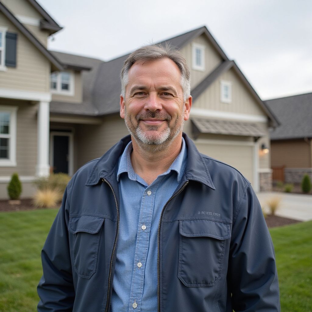 Man in blauw jasje lacht voor een huis op een grasveld.