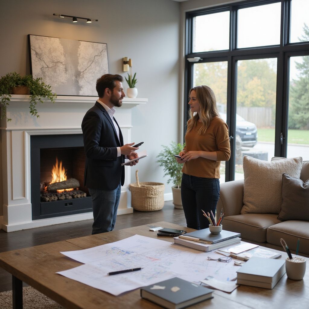 Man en vrouw in een woonkamer met open haard en bouwtekeningen, mogelijk in gesprek over het ontwerp van hun huis.