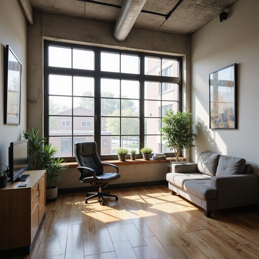 Woonkamer met groot raam, planten, een bank, bureaustoel en kunstwerken. Hardhouten vloeren en een betonnen plafond.