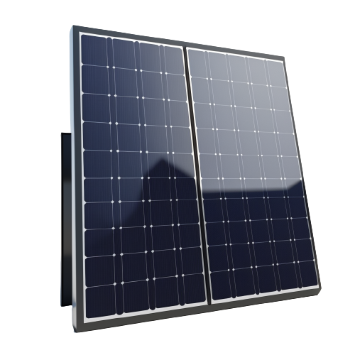 Twee zonnepanelen naast elkaar gemonteerd, onder een hoek, met een zwart frame en donkerblauwe cellen.