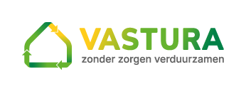 Logo of Vastura, green house with recycle arrows, yellow to green text, 