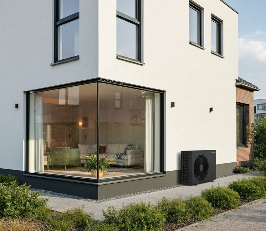 Modern wit huis met een zwarte warmtepomp. Glazen hoekraam, struiken.
