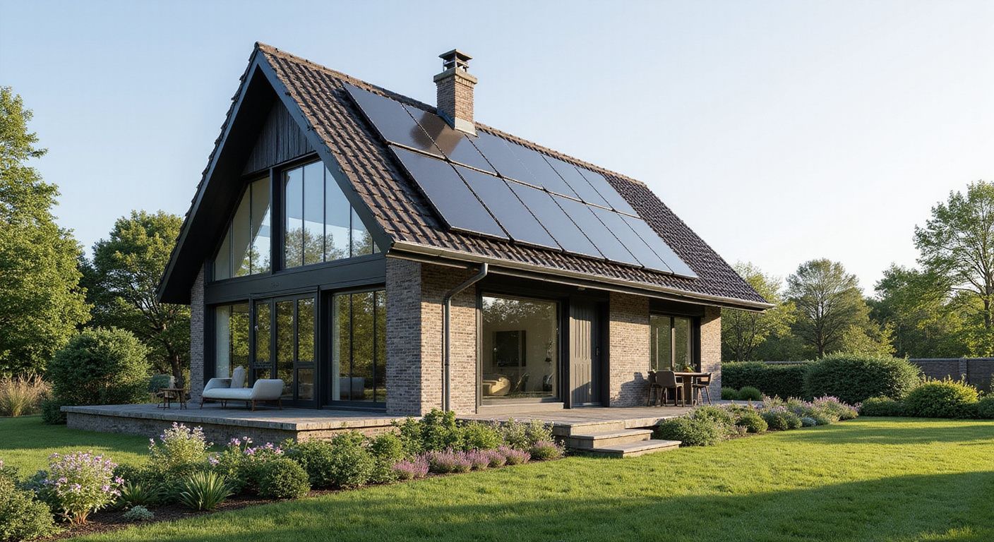 Modern huis met zonnepanelen op een zonnige dag. Grote ramen, bakstenen gevel en aangelegde tuin.