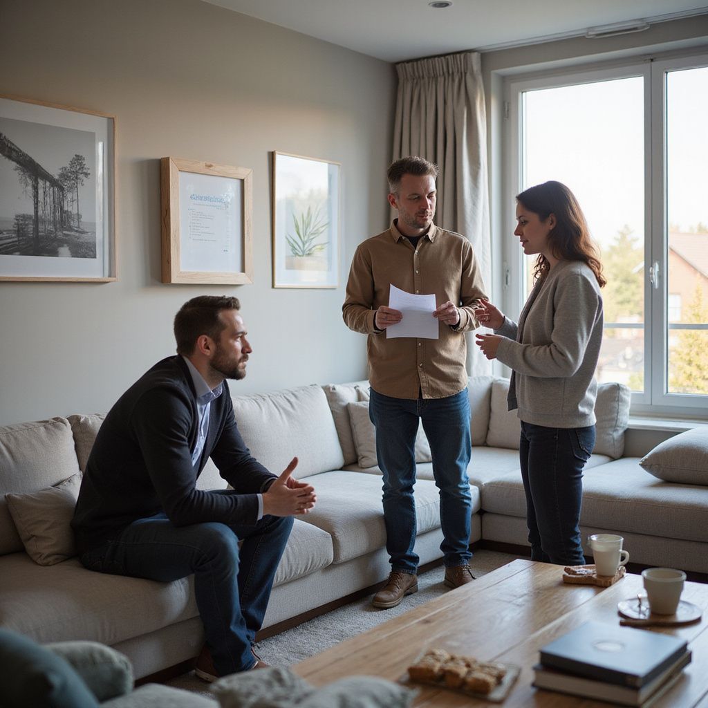 Drie mensen bespreken documenten in een woonkamer. Er zijn een bank, een salontafel en een raam zichtbaar.