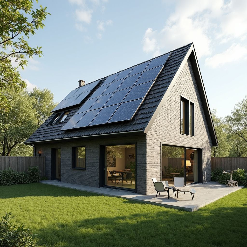 Modern huis met zonnepanelen op het dak, grote ramen en een terras in de achtertuin.