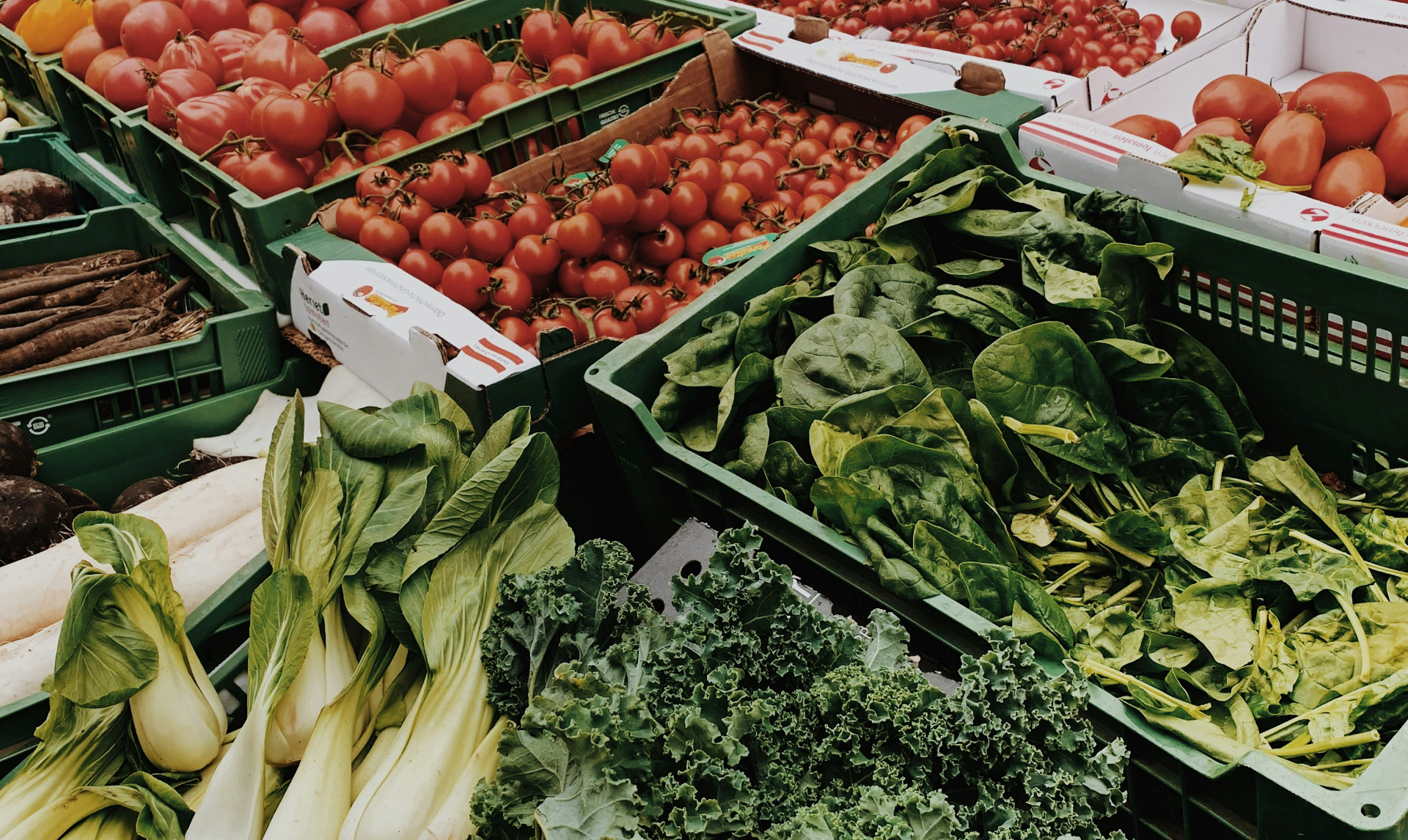 A variety of fruits and vegetables are displayed on a table.