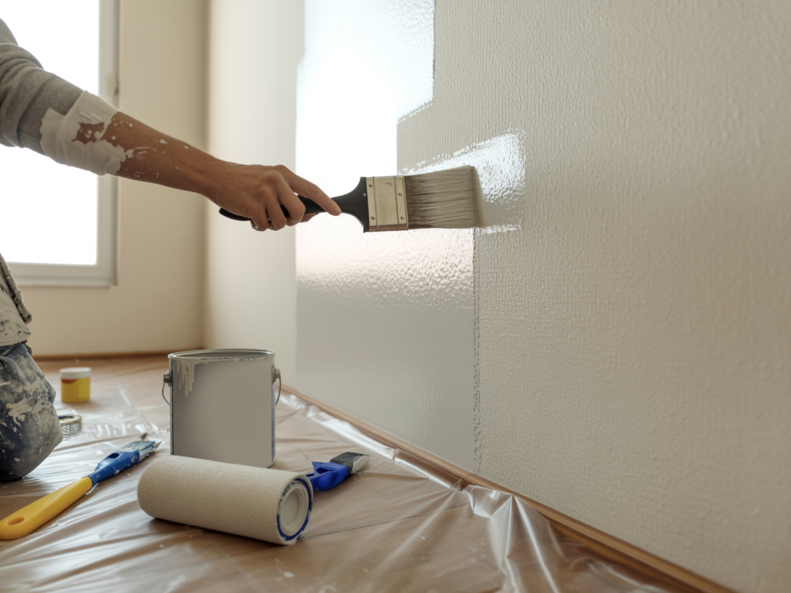 A person paints a white wall with a brush, with a paint can, roller, and protective plastic on the floor nearby.