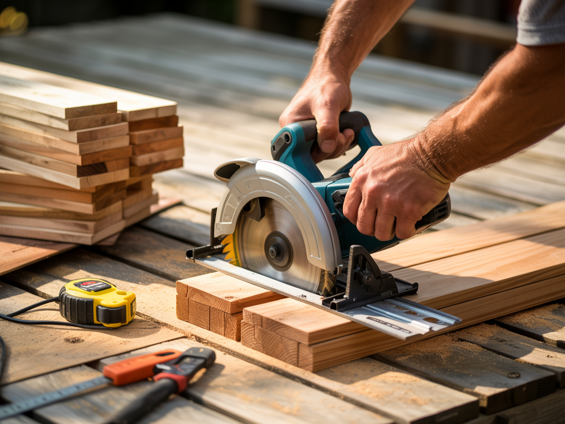 A person uses a circular saw to cut a wooden plank on an outdoor work surface with tools nearby.