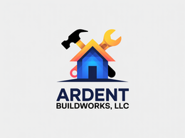 Logo for Vanguard Construction: Yellow house outline with tools, blue and yellow color scheme.