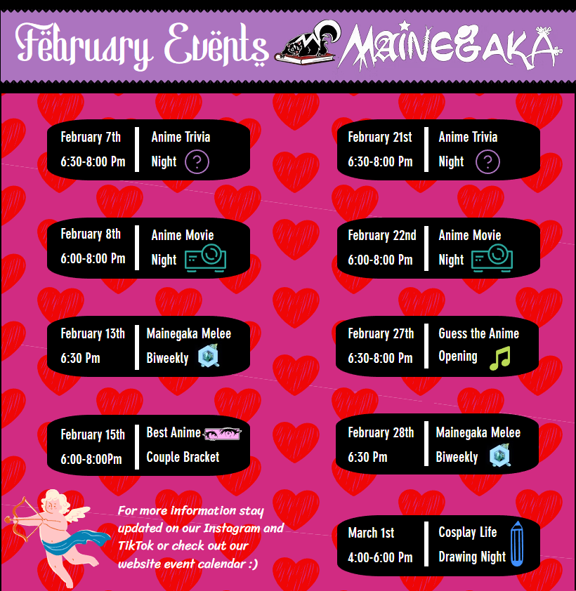 January events calendar for MaineGAKA club, featuring anime trivia, movies, and other events.