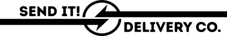 A black and white logo for send it delivery co.