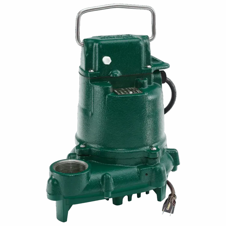 Green submersible sump pump with handle and power cord.
