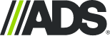 Logo for ADS; black letters with green stripes.