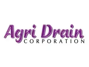 Logo for Agri Drain Corporation in purple and white.