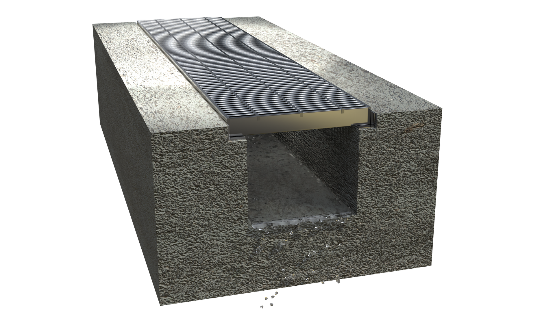 Cross-section of a trench drain with a metal grate cover, installed in concrete.