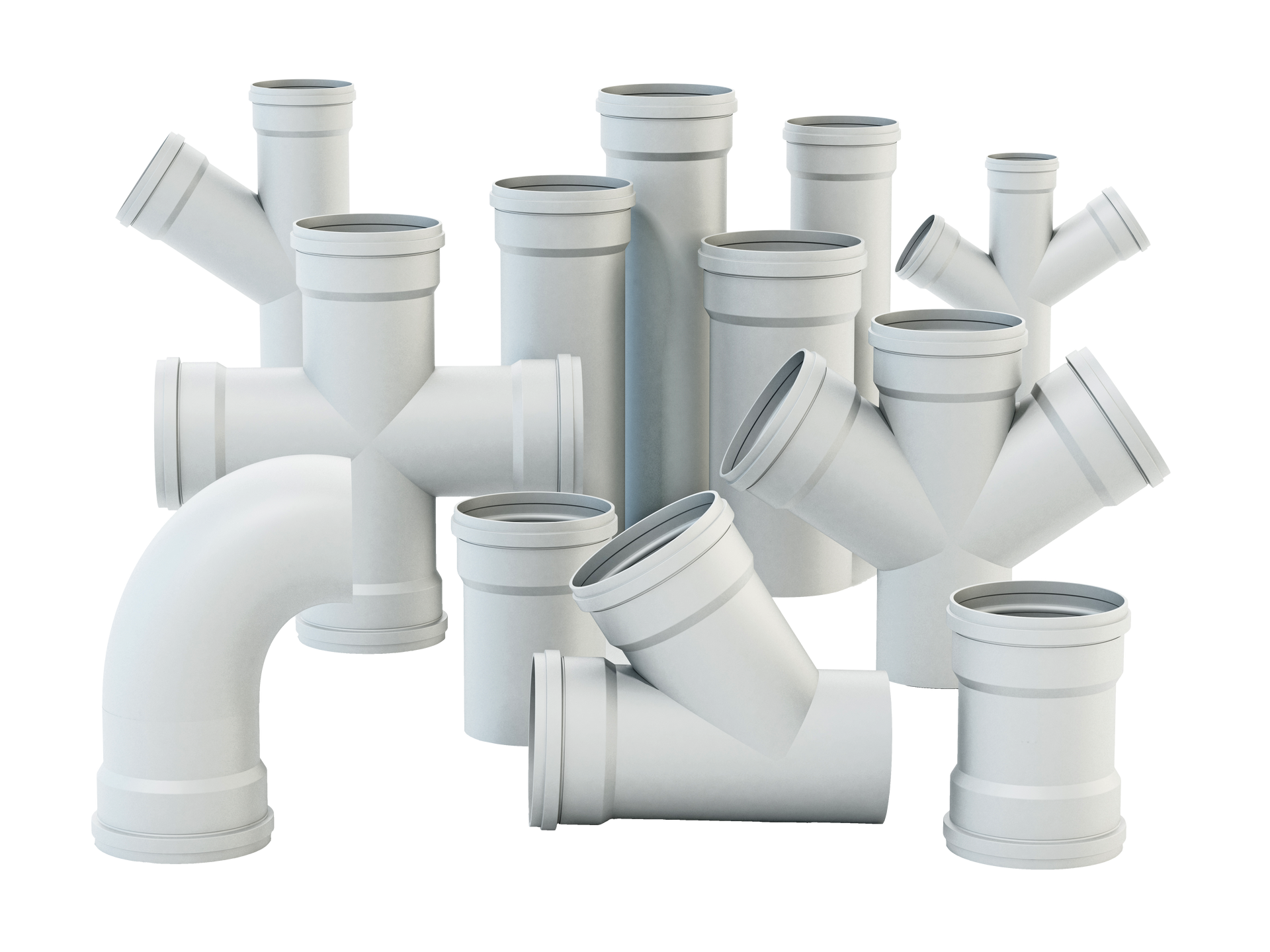 Chrome faucet attached to blue PVC pipe, against a white background.