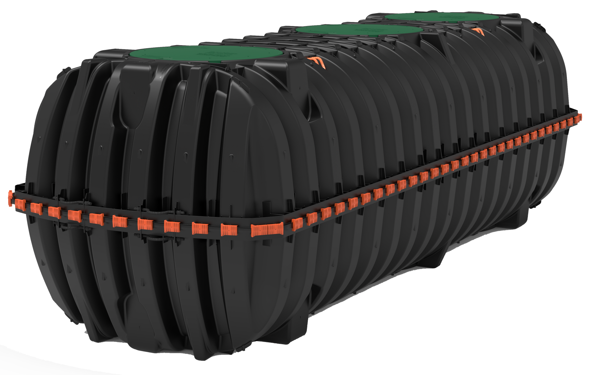 Black plastic septic tank with three green lids and an orange band.