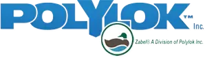 Logo of PolyLok Inc., blue text with an image of a duck inside a circle and the words