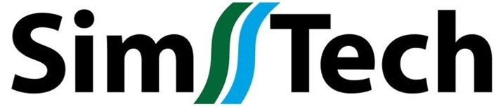 SimTech logo: black text with green and blue curved lines.