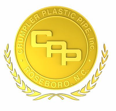 Gold logo for Crumpler Plastic Pipe, Inc., Roseboro, N.C. with laurel leaves. "CPP" stacked letters inside.