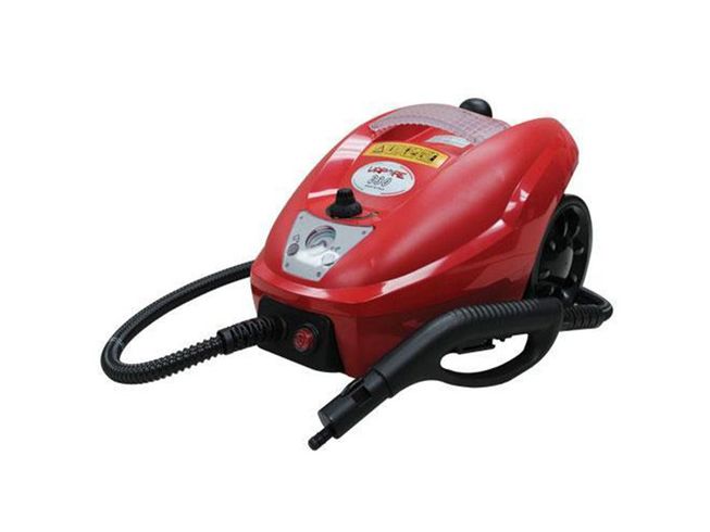 Aspirateur traîneau rouge avec tuyau et embout noirs sur fond blanc