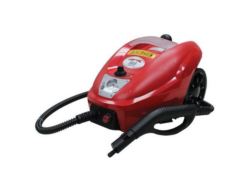 Aspirateur traîneau rouge avec tuyau et embout noirs sur fond blanc