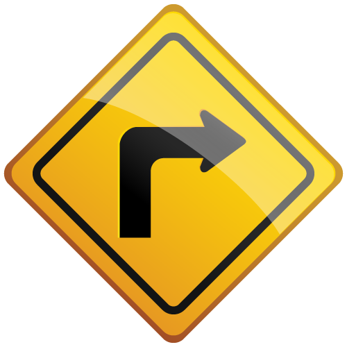 Yellow road sign with a right turn arrow.