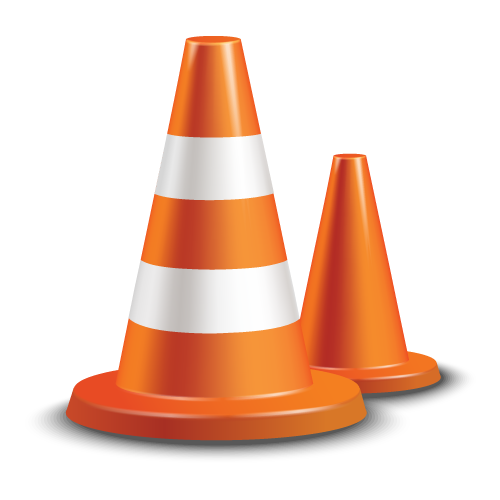 Two orange traffic cones with reflective white stripes on a black background.