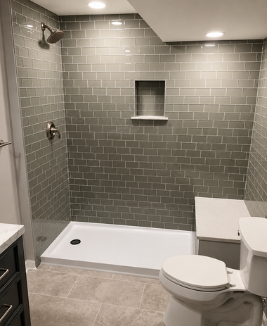 Modern bathroom with gray tile shower, white tub, and toilet under recessed lights